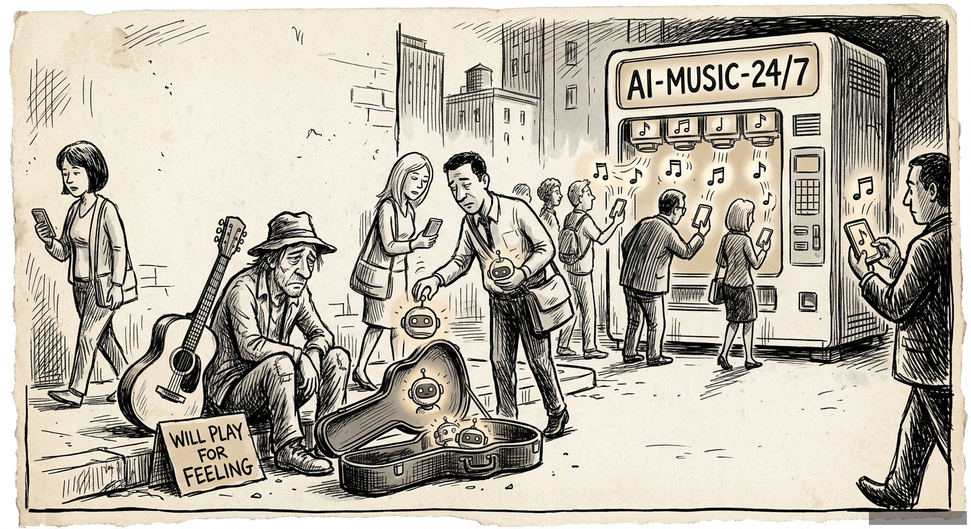 Editorial illustration for: AI Music Is a Vending Machine. And It's Eating a Musician's Lunch.