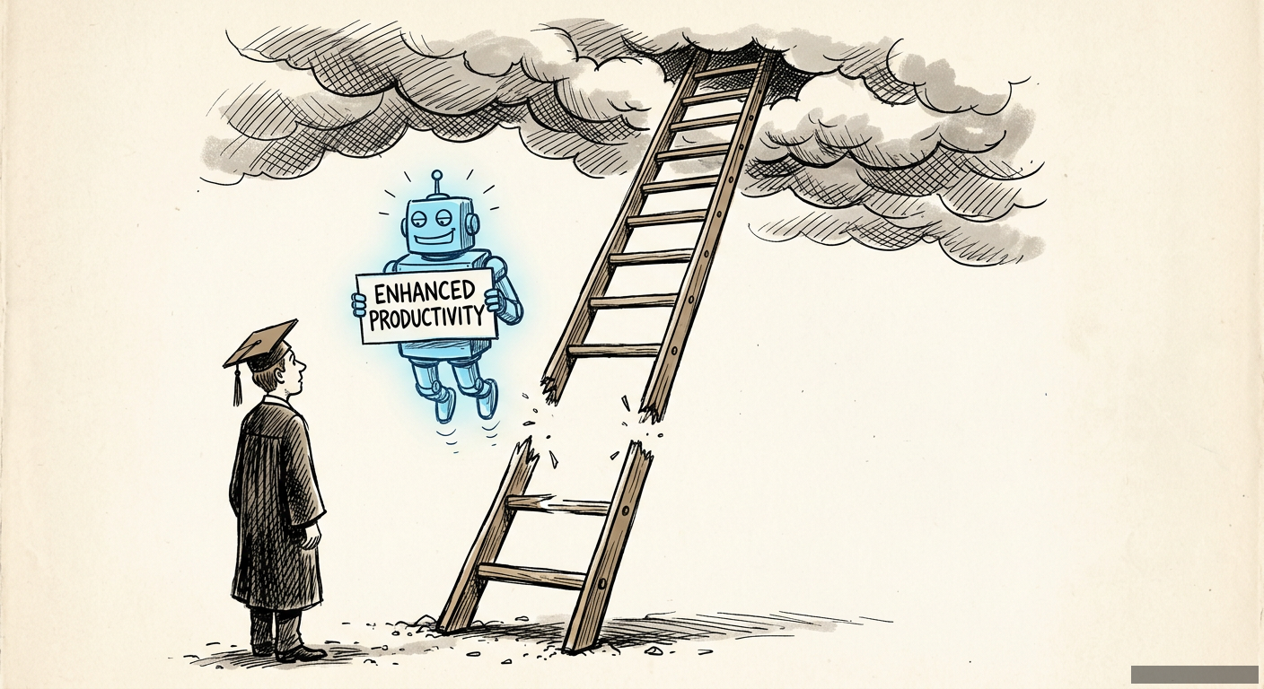 Editorial illustration for: AI Sawed Off the First Rung of the Career Ladder