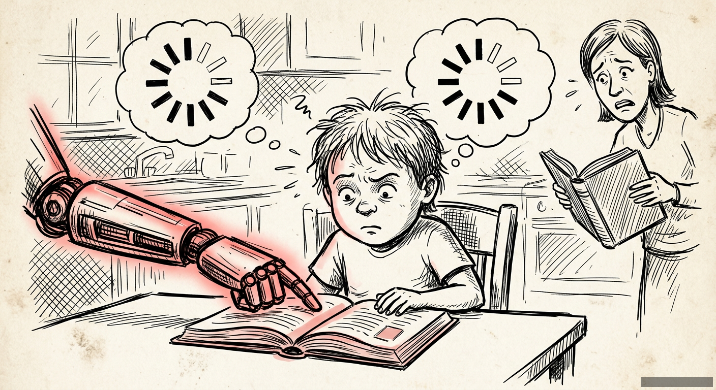 Editorial illustration for: AI Tutors Won't Teach Your Kid to Think. They'll Teach Them to Quit.