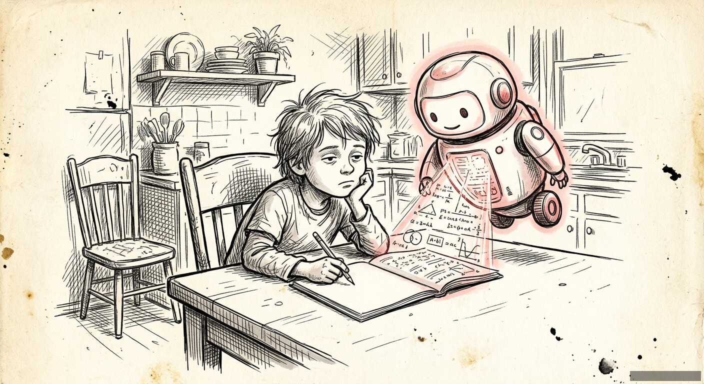 Editorial illustration for: AI Won't Teach Your Kid to Think. It'll Just Do Their Homework.