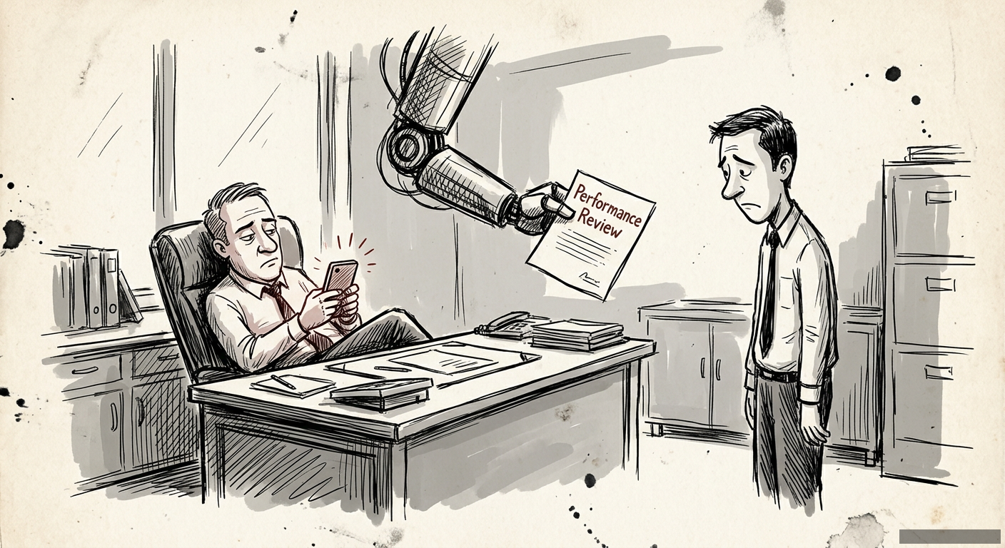 Editorial illustration for: AI Wrote My Performance Review. My Manager Didn't Notice.
