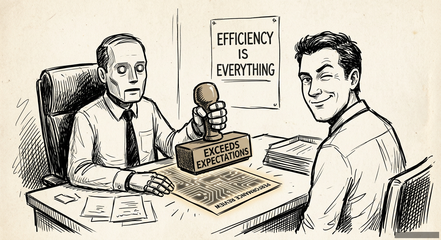 Editorial illustration for: AI Wrote My Performance Review. My Manager Didn't Notice.