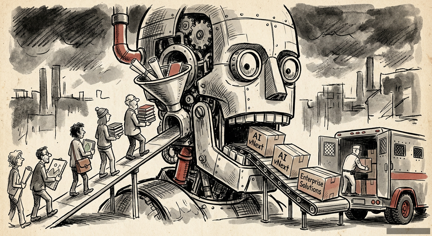 Editorial illustration for: Congratulations, You're the AI's Raw Material