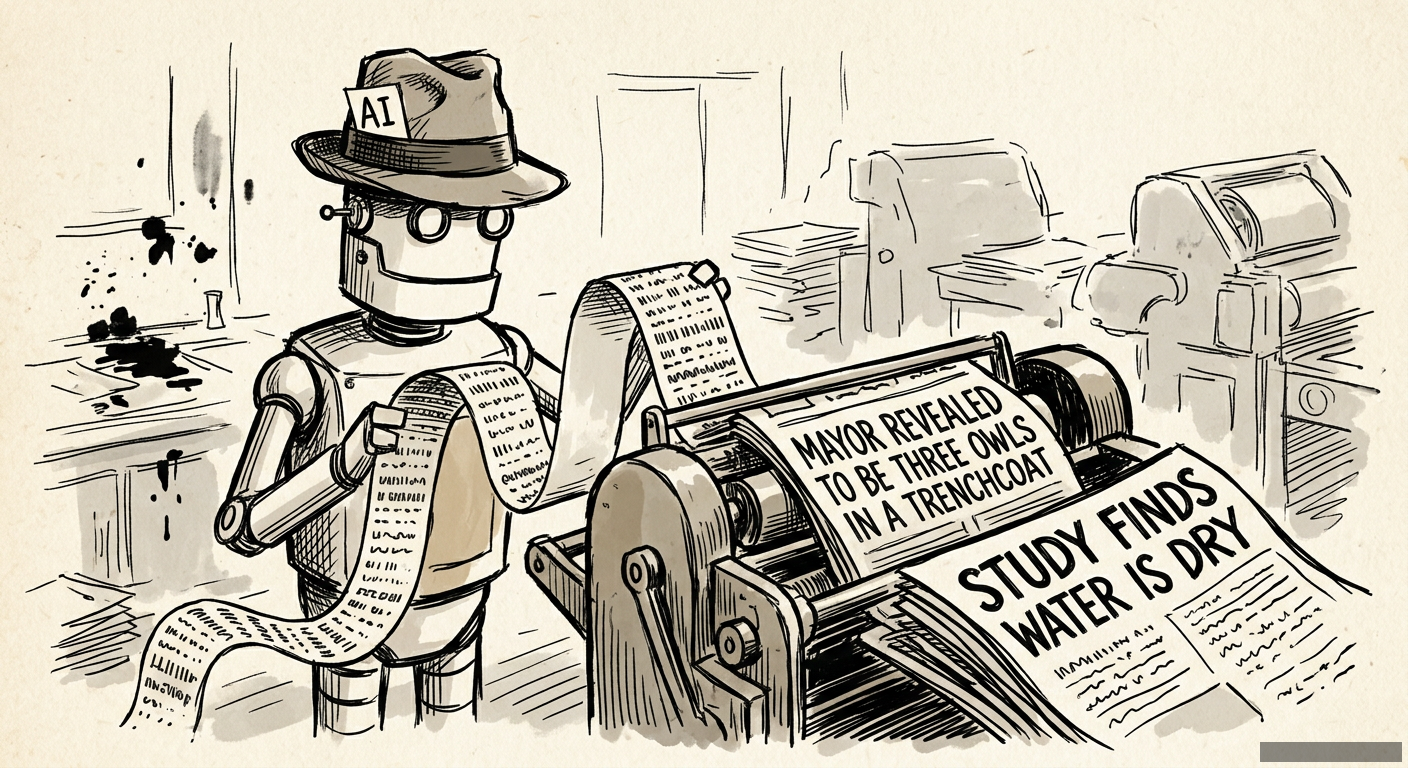 Editorial illustration for: The Byline is Dead and an AI Bot Is Writing the Obituary