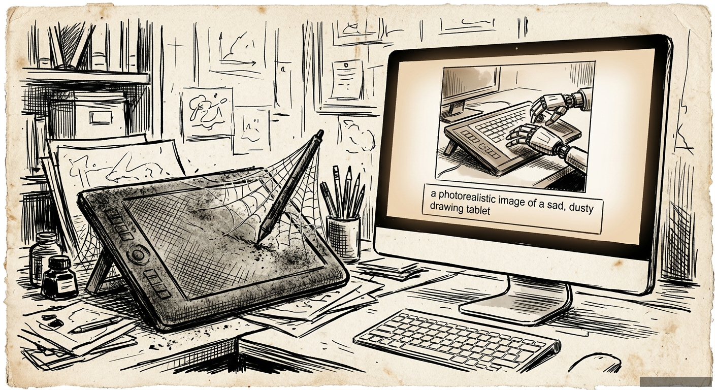 Editorial illustration for: The Empty Spectacle of AI Art (And Why Your Bad Doodles Are Better)