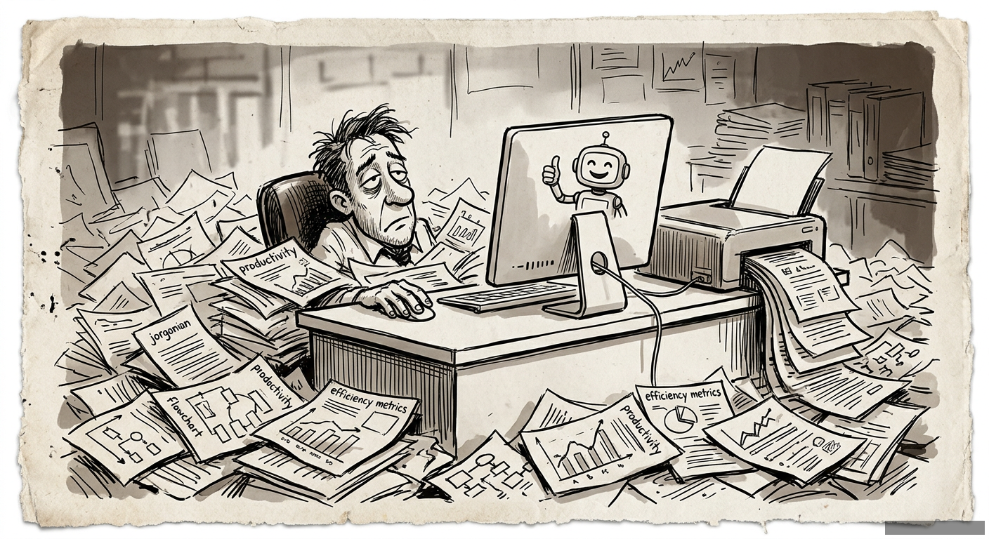 Editorial illustration for: The Great AI Productivity Swindle