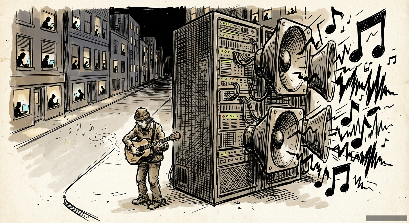Editorial illustration for: The Great Drowning: How AI Music Is Silencing Real Artists