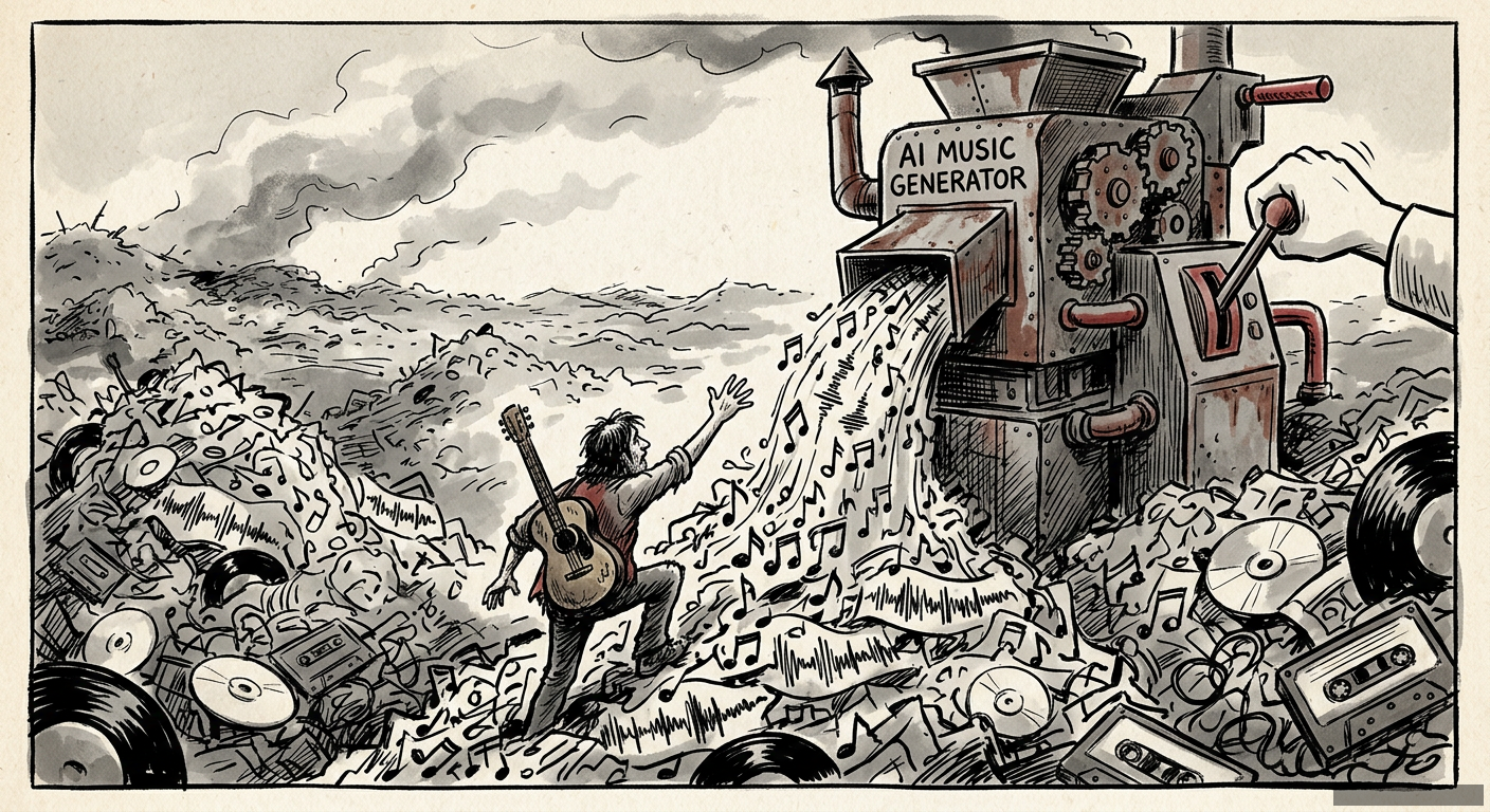 Editorial illustration for: The Infinite Landfill of AI Music