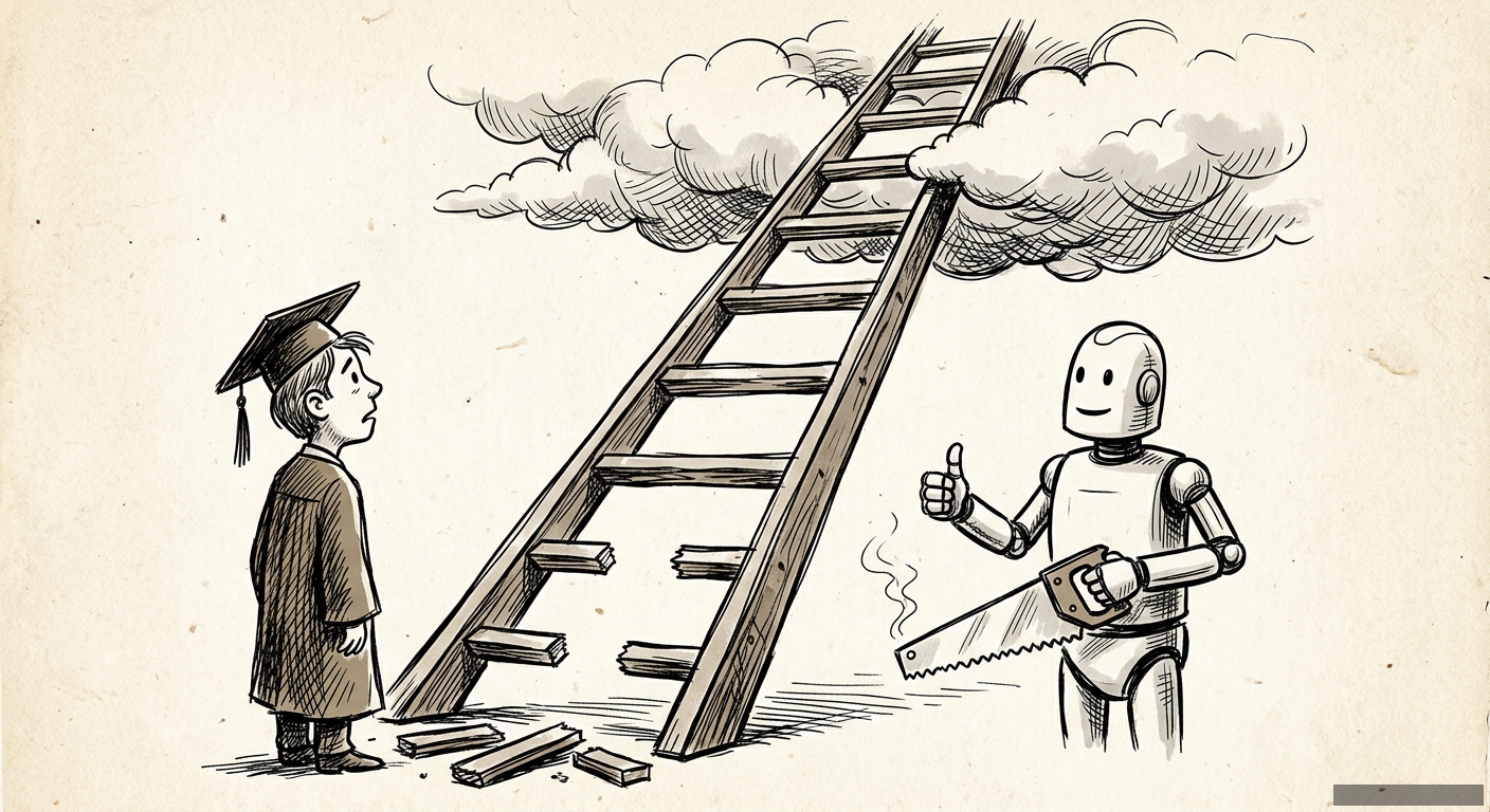 Editorial illustration for: The Ladder is Gone. AI Sawed Off the Bottom Rung.