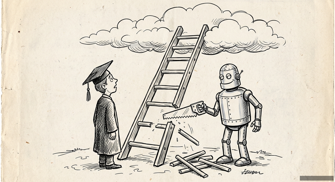 Editorial illustration for: The Robots Aren't Coming for Your Job—Just the First Rung of the Ladder