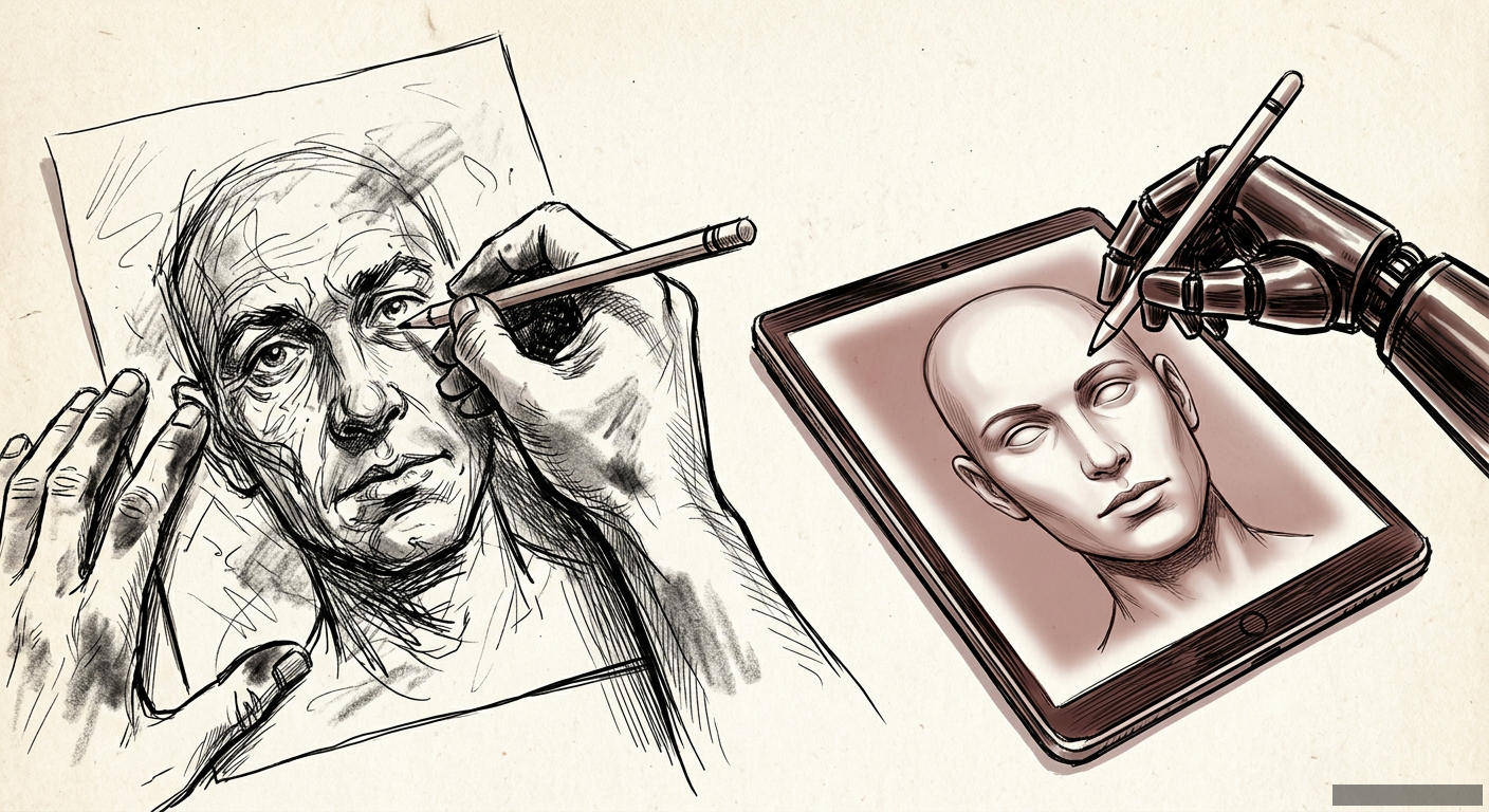 Editorial illustration for: The Thinking Hand Is Being Amputated by AI