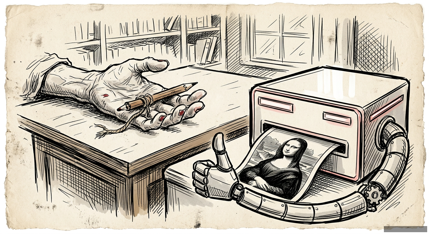Editorial illustration for: The Unthinking Hand: What We Lose When AI Draws For Us