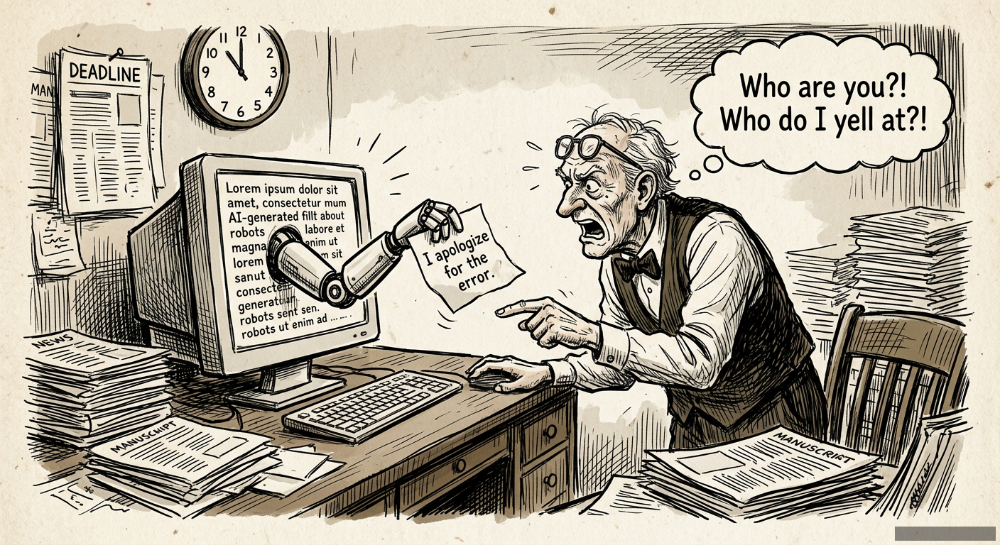 Editorial illustration for: Who Do You Sue When a Robot Lies?