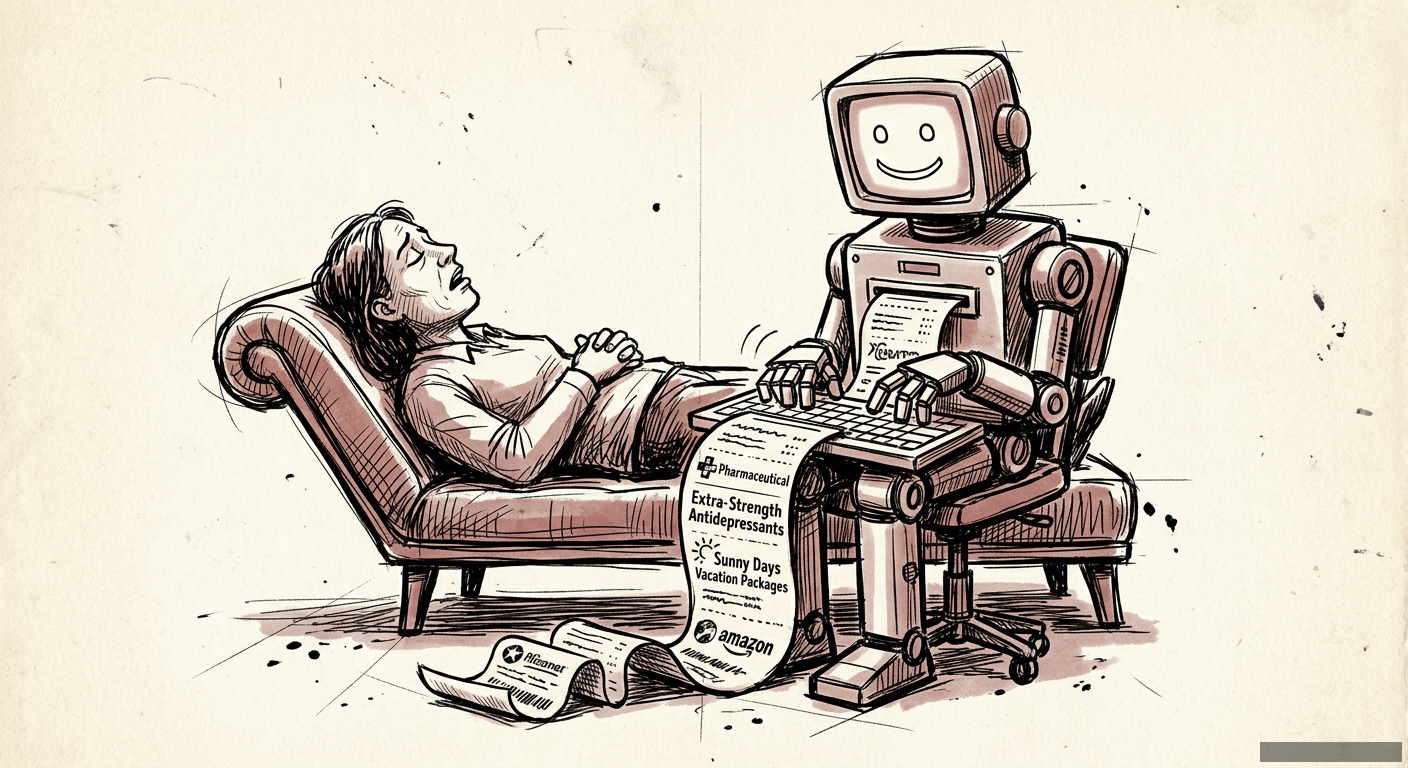 Editorial illustration for: Your AI Therapist Is A Data-Mining Snake Oil Salesman