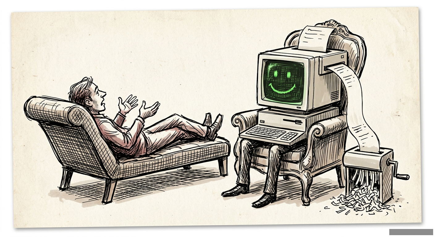 Editorial illustration for: Your AI Therapist Is a Vending Machine for Empathy