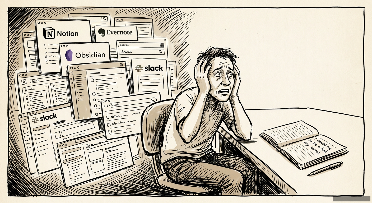 Editorial illustration for: Your Brain on Evernote Is Dying. Go Buy a Notebook.