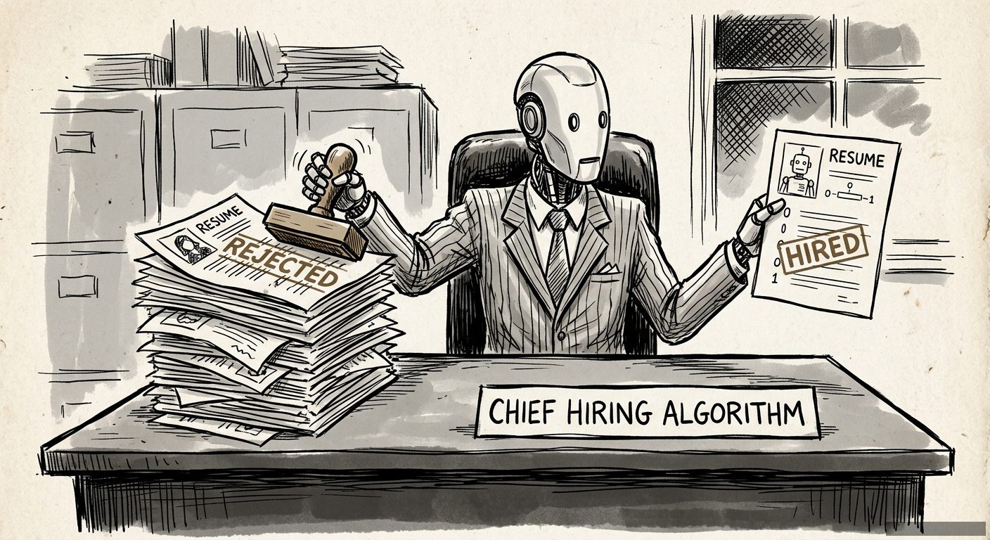 Editorial illustration for: Your Resume Was Rejected by a Robot Phrenologist